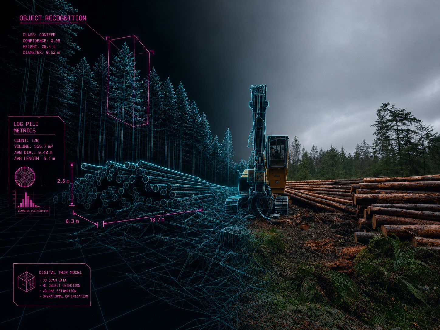 Forest operations site shown as a hybrid photograph, digital wireframe model, and digital twin annotation overlay.
